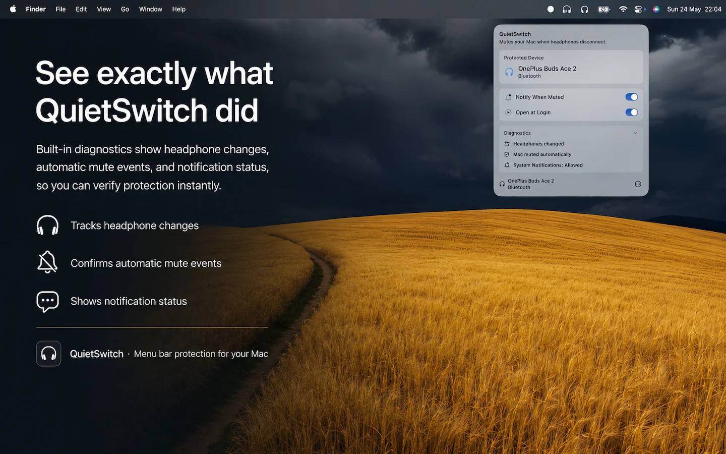 QuietSwitch diagnostics panel showing mute and notification status