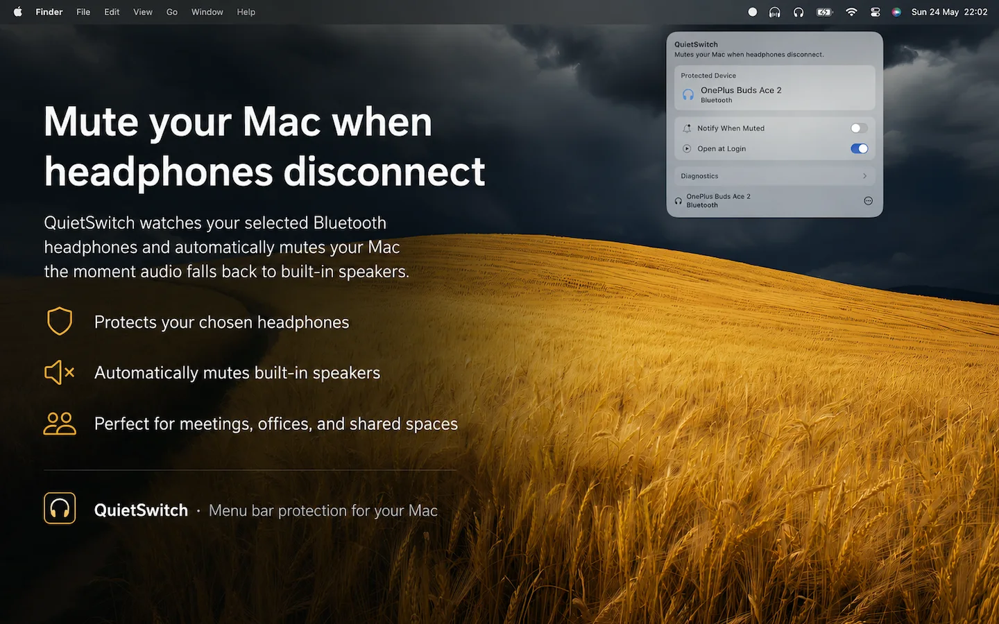 QuietSwitch menu bar panel showing protected headphones